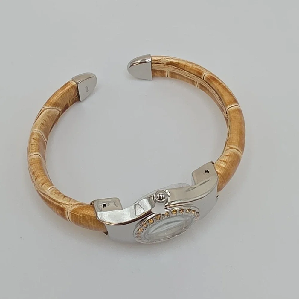 New! AVON Women's Cuff Watch Amber Orange Gemmed Silver Tone New‎ Battery